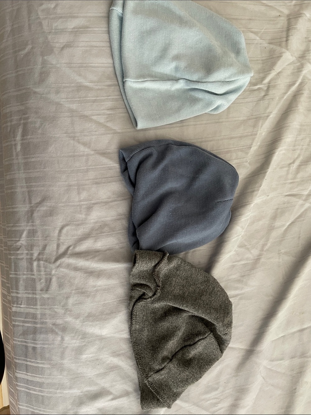 Set of 3 Knit Beanies in Light Blue, Slate Blue, and Charcoal
